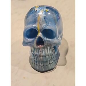 Handmade Resin Skull Blue Multi Colored 4 Inch Tall 748